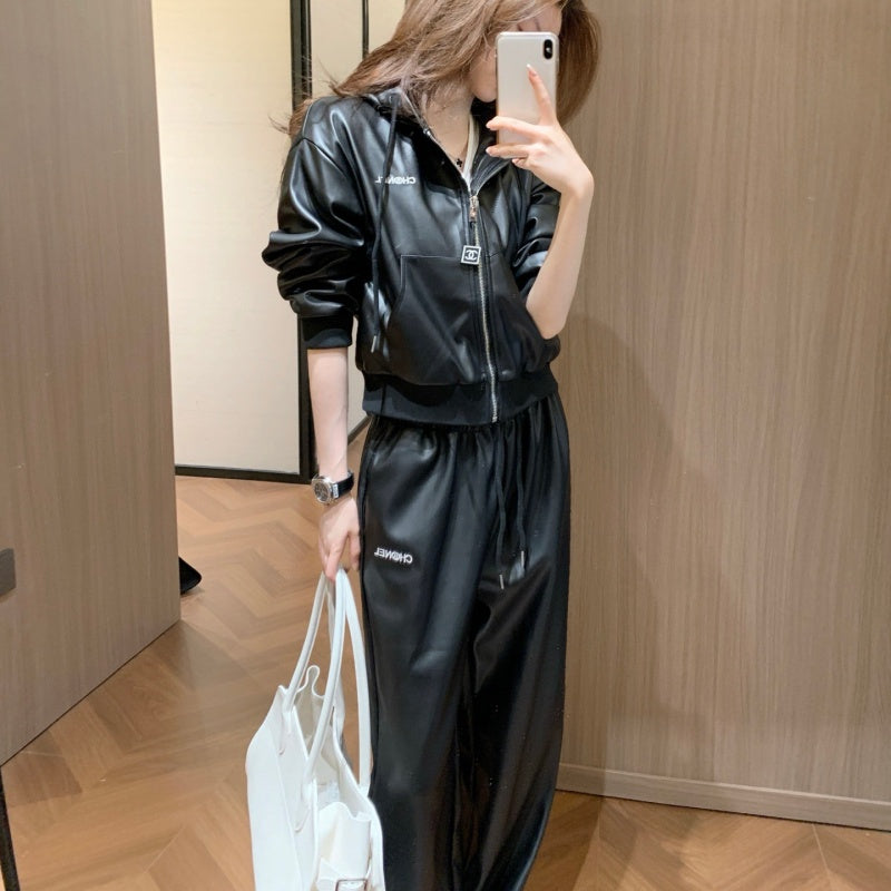 New Fashion Women's Leather Hooded 2 Piece Set DM1326092017