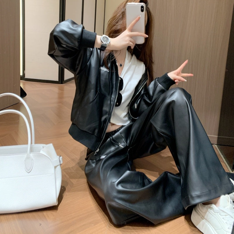 New Fashion Women's Leather Hooded 2 Piece Set DM1326092017