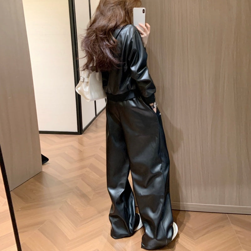New Fashion Women's Leather Hooded 2 Piece Set DM1326092017