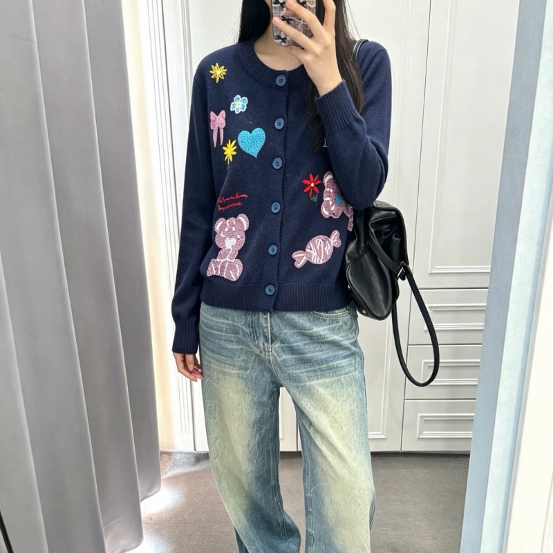 New Fashion Women's Cartoon Embroidery Knit Cardigan DM1326092024